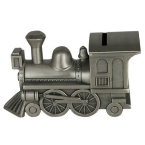 pewter finish engravable train bank